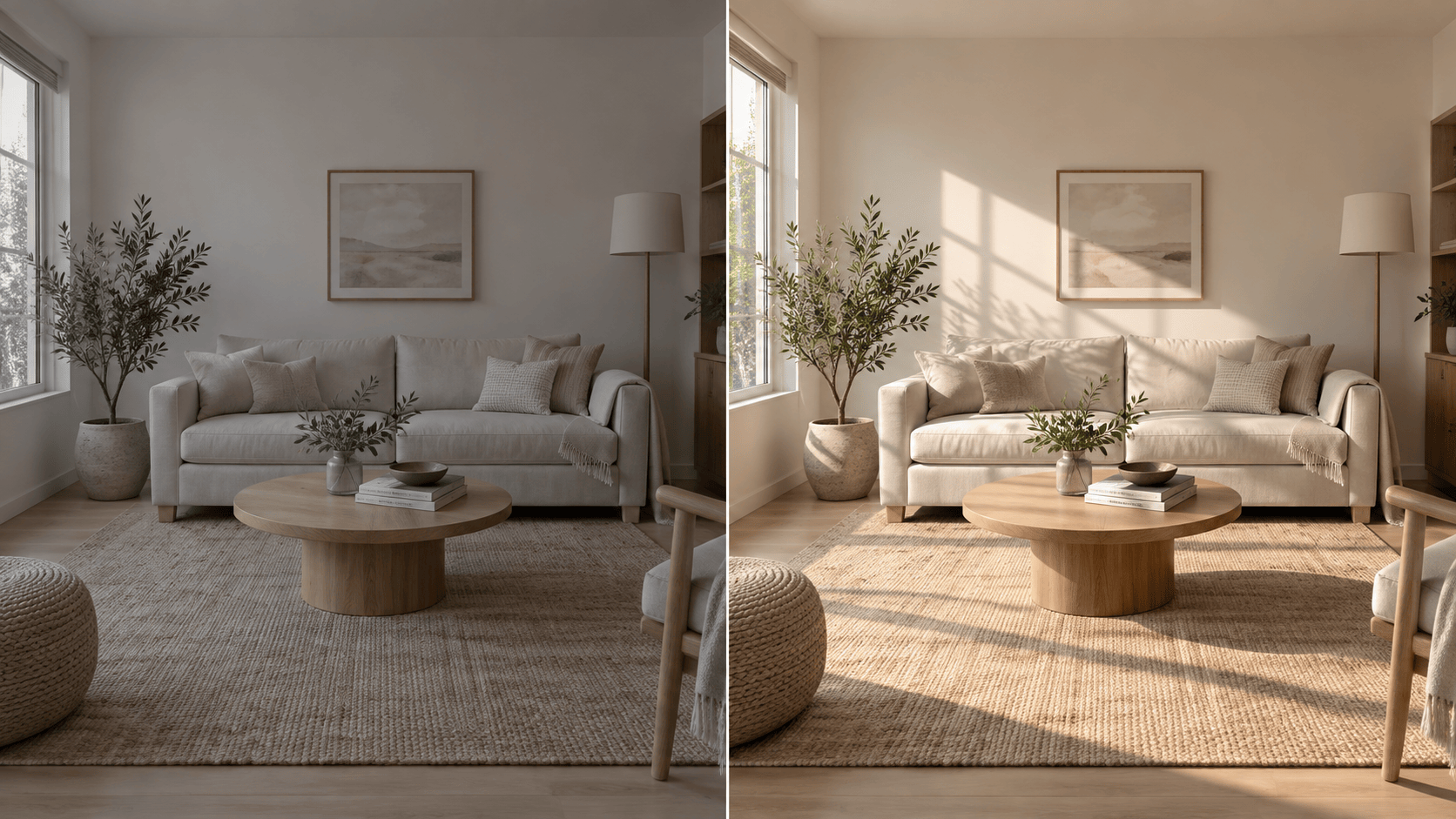 Interior before and after AI window relighting
