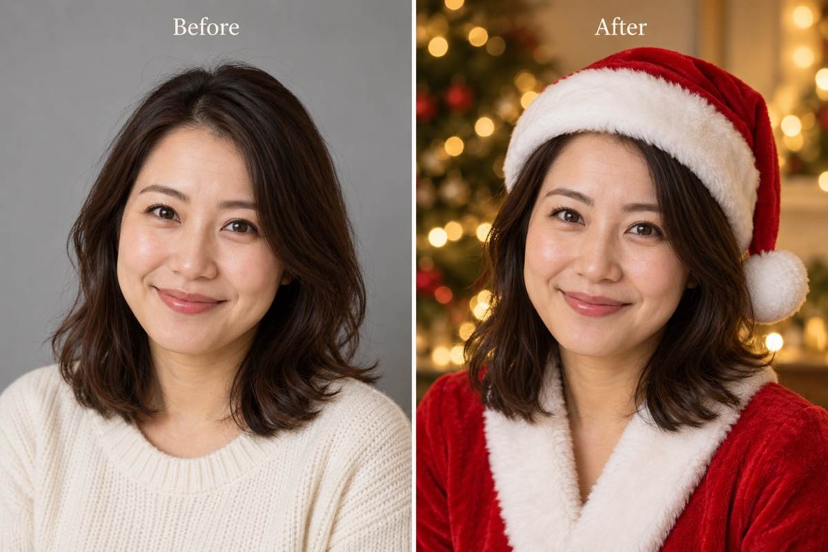 Beardless Santa makeover before and after