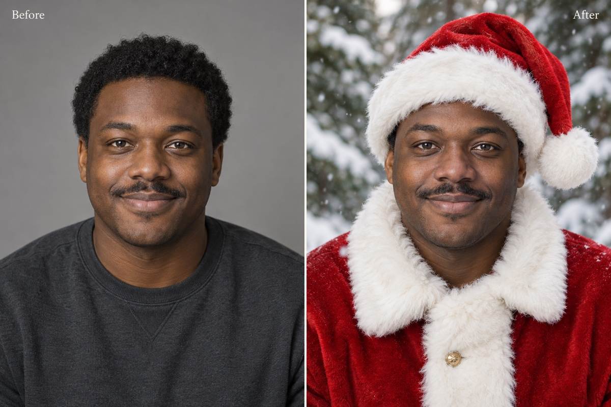Snowy Santa portrait before and after