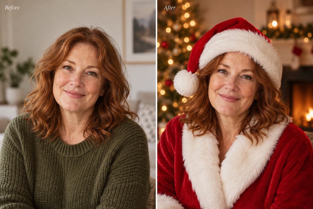 Santa card portrait before and after