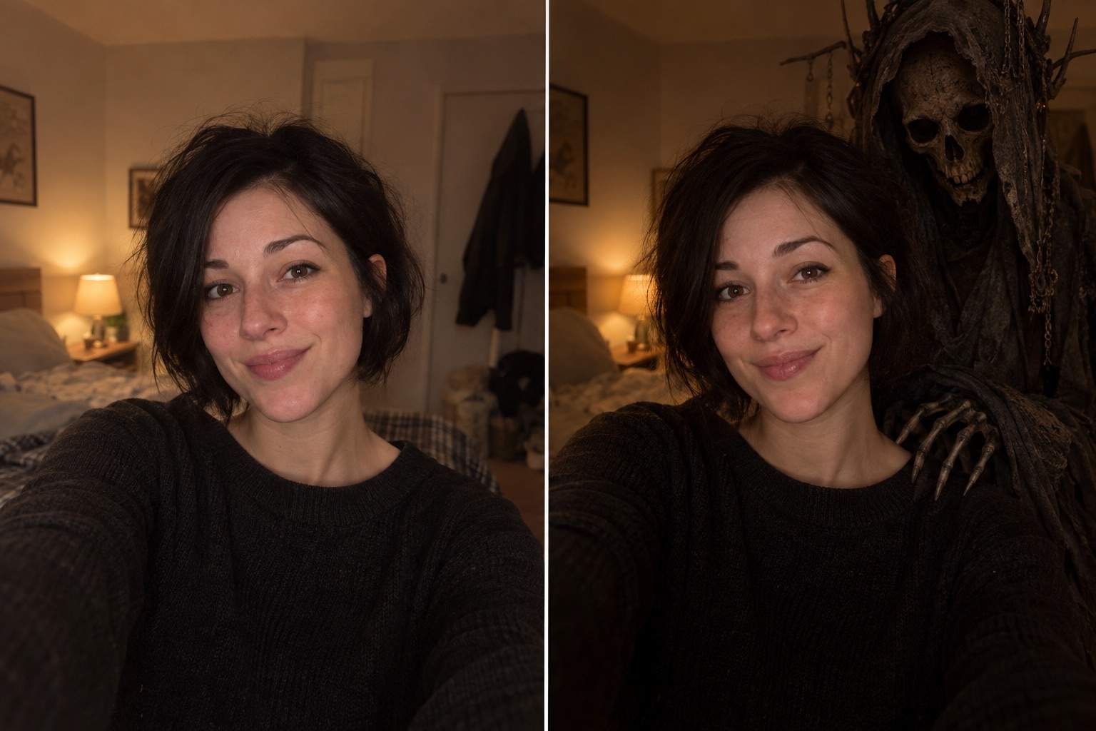 Bedroom shinigami selfie before and after