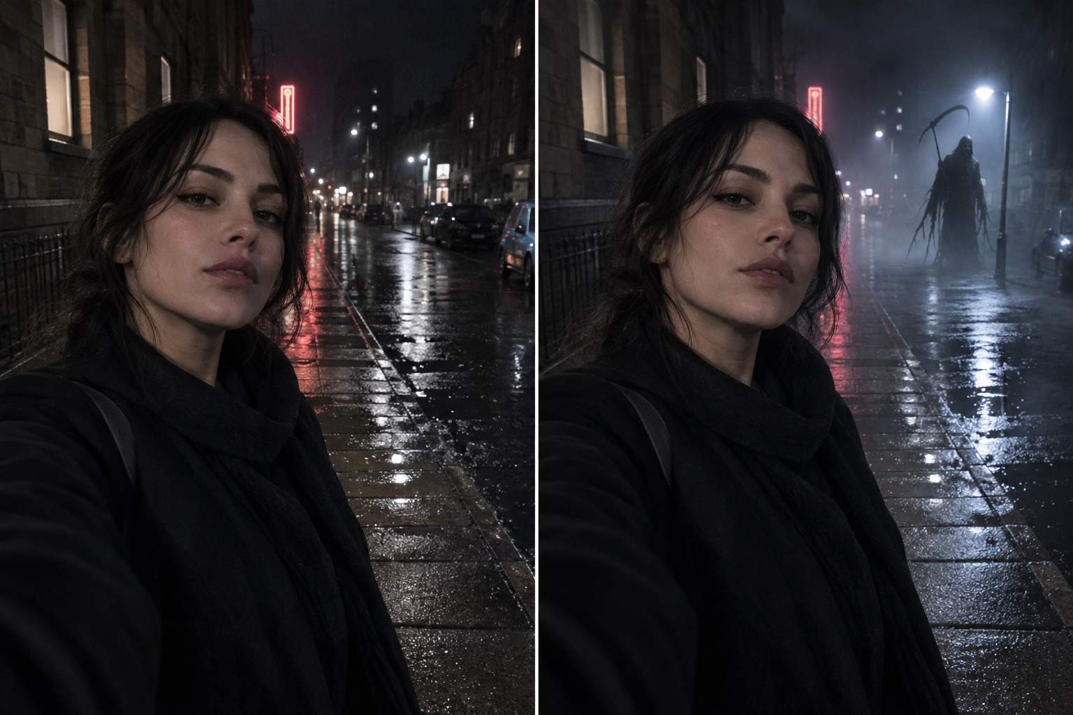 Night street shinigami selfie comparison