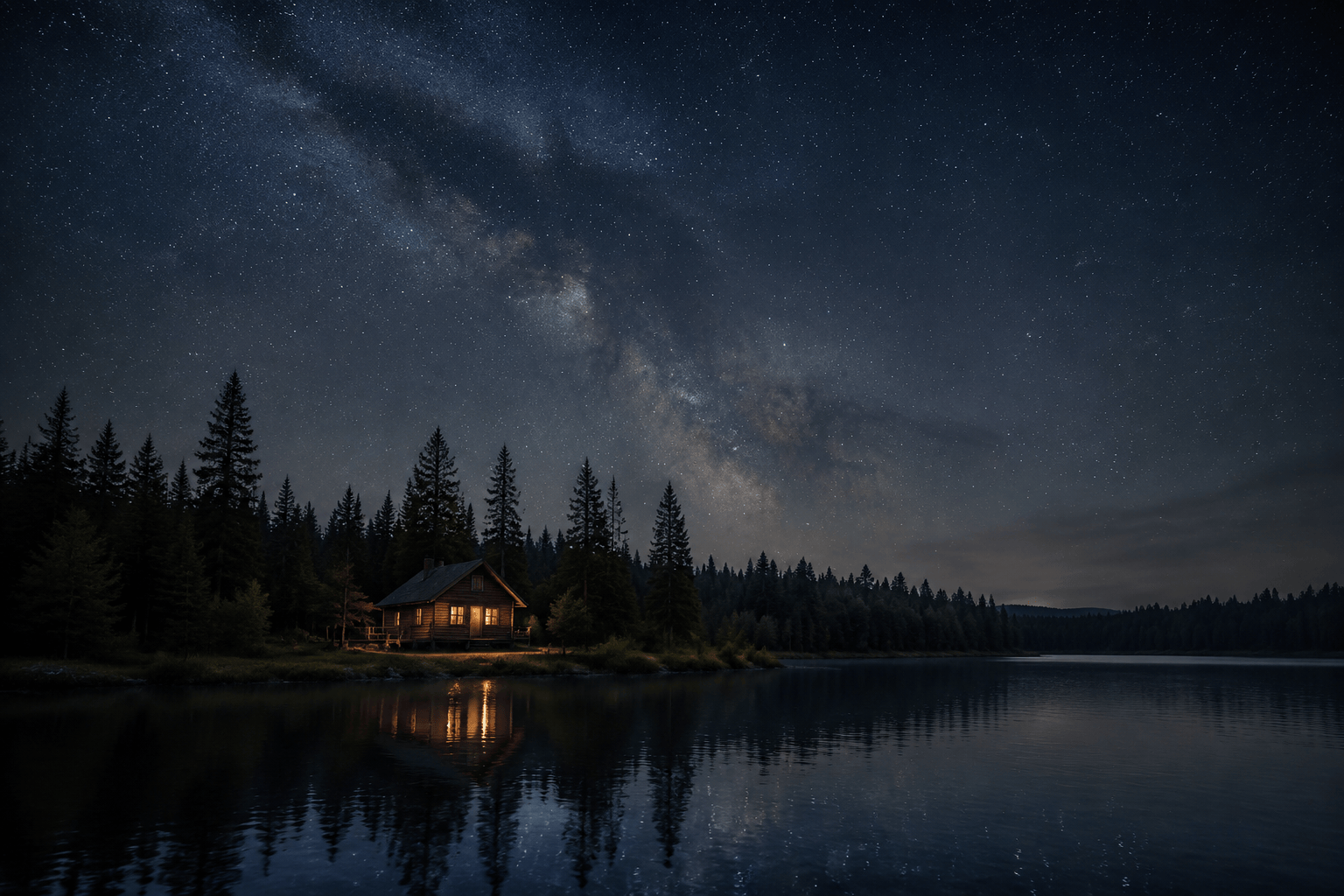 Starry sky replacement over lake