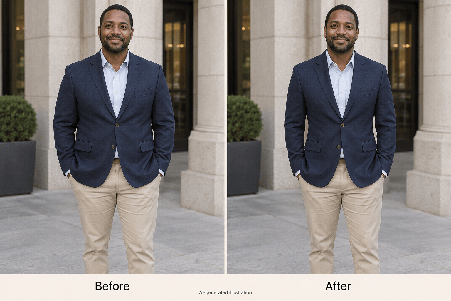 AI slim body formal outfit comparison