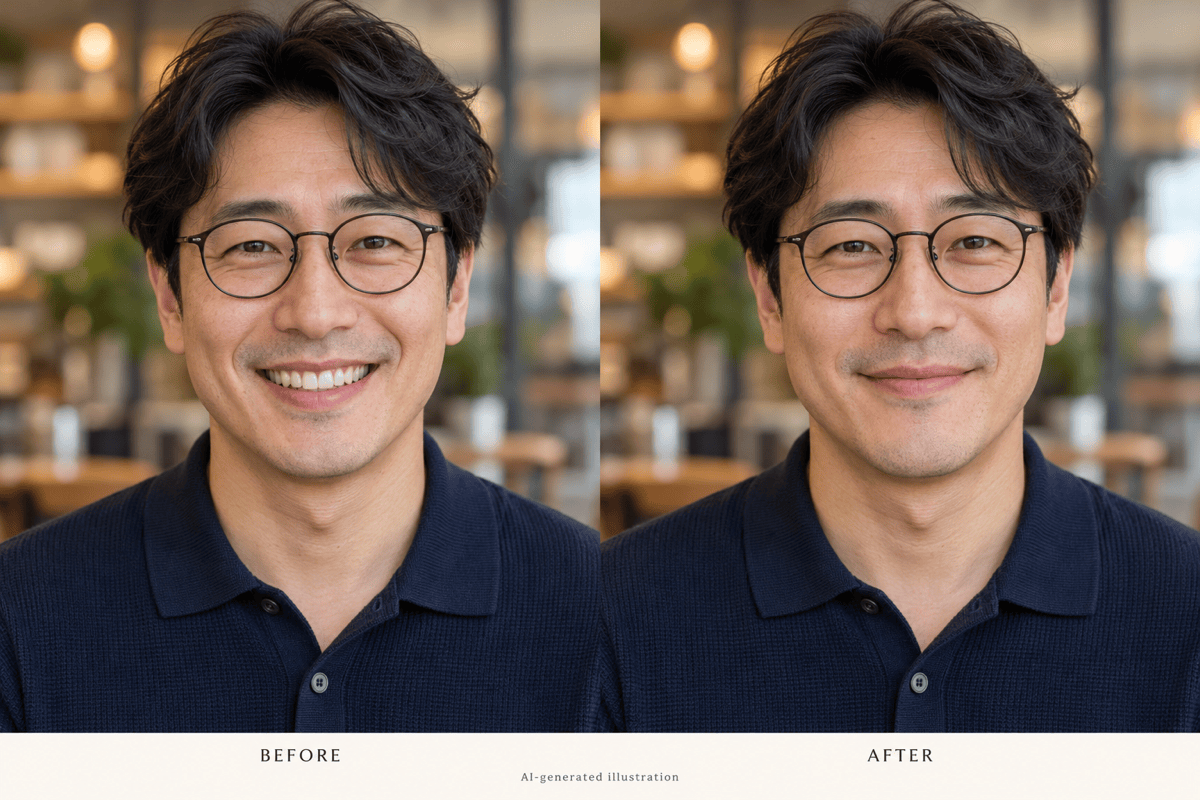AI edit from broad to closed-mouth smile