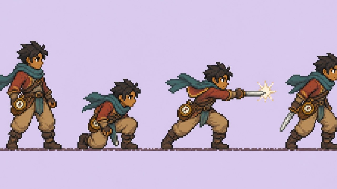 Pixel art hero sprite pose sheet