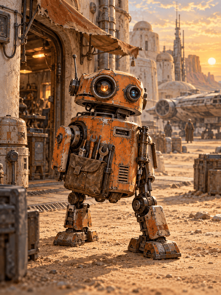 AI droid in desert outpost