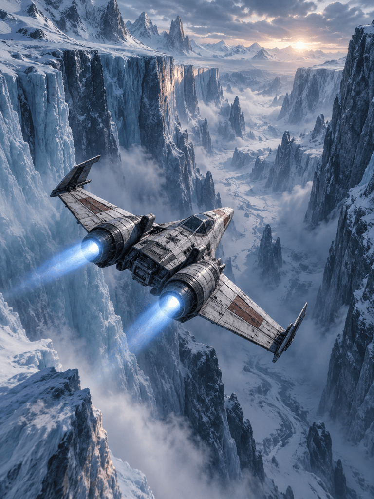 AI starfighter above icy canyon