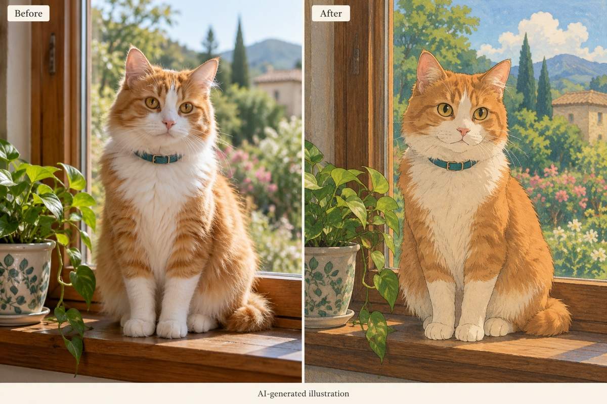 Ghibli pet portrait before and after