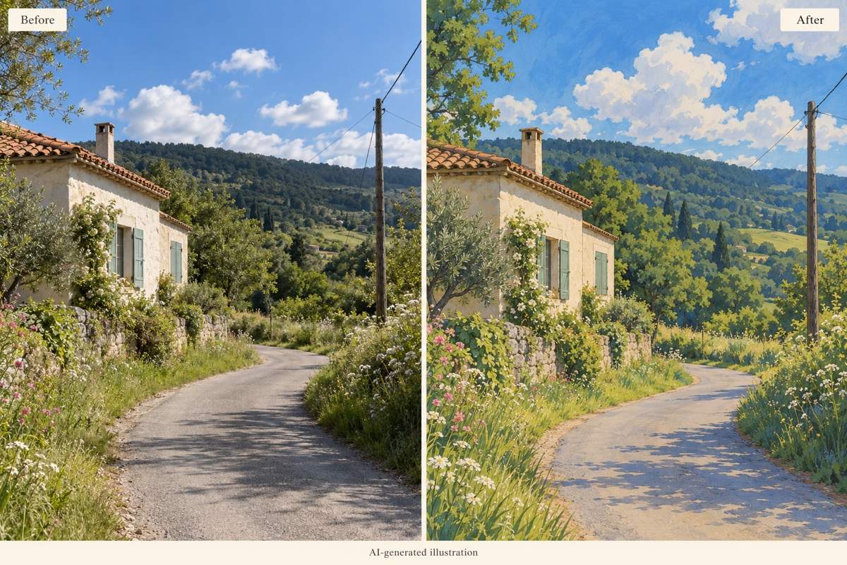 Ghibli landscape before and after