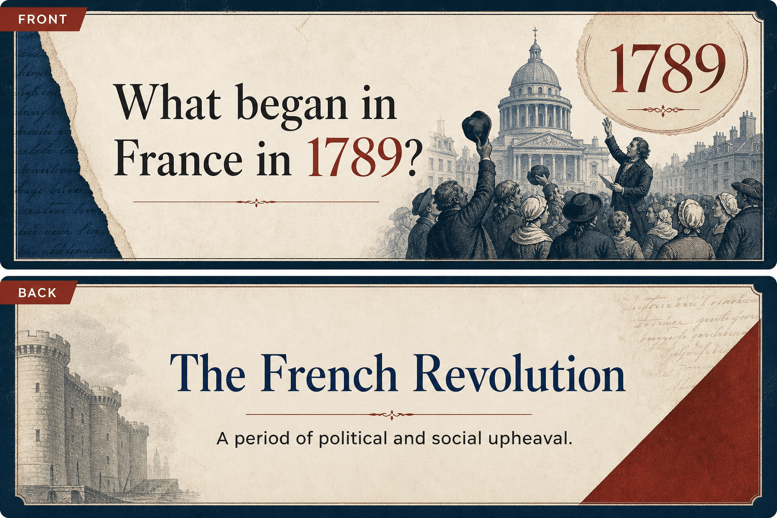 AI history question and answer study cards