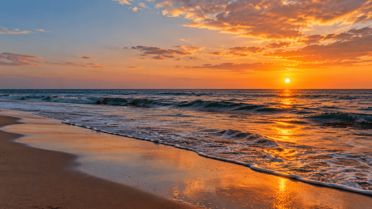 AI beach sunset with golden reflections