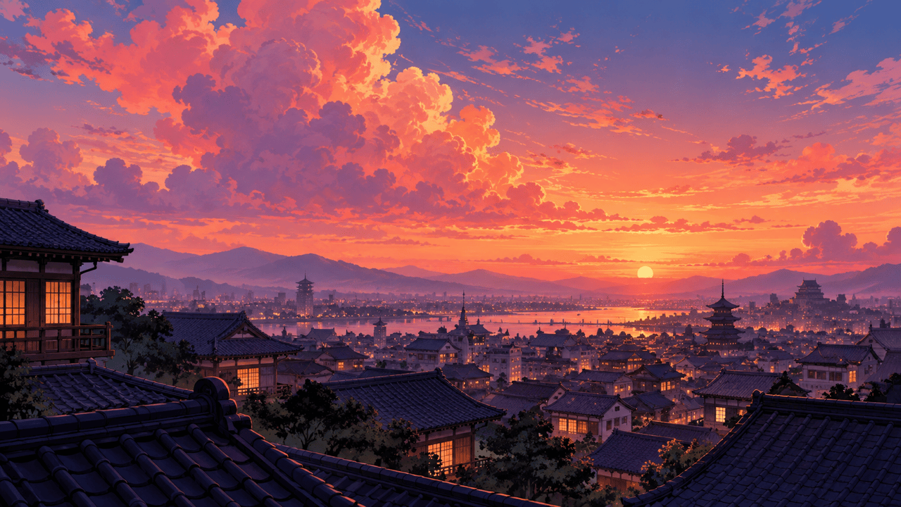AI anime sunset above city rooftops