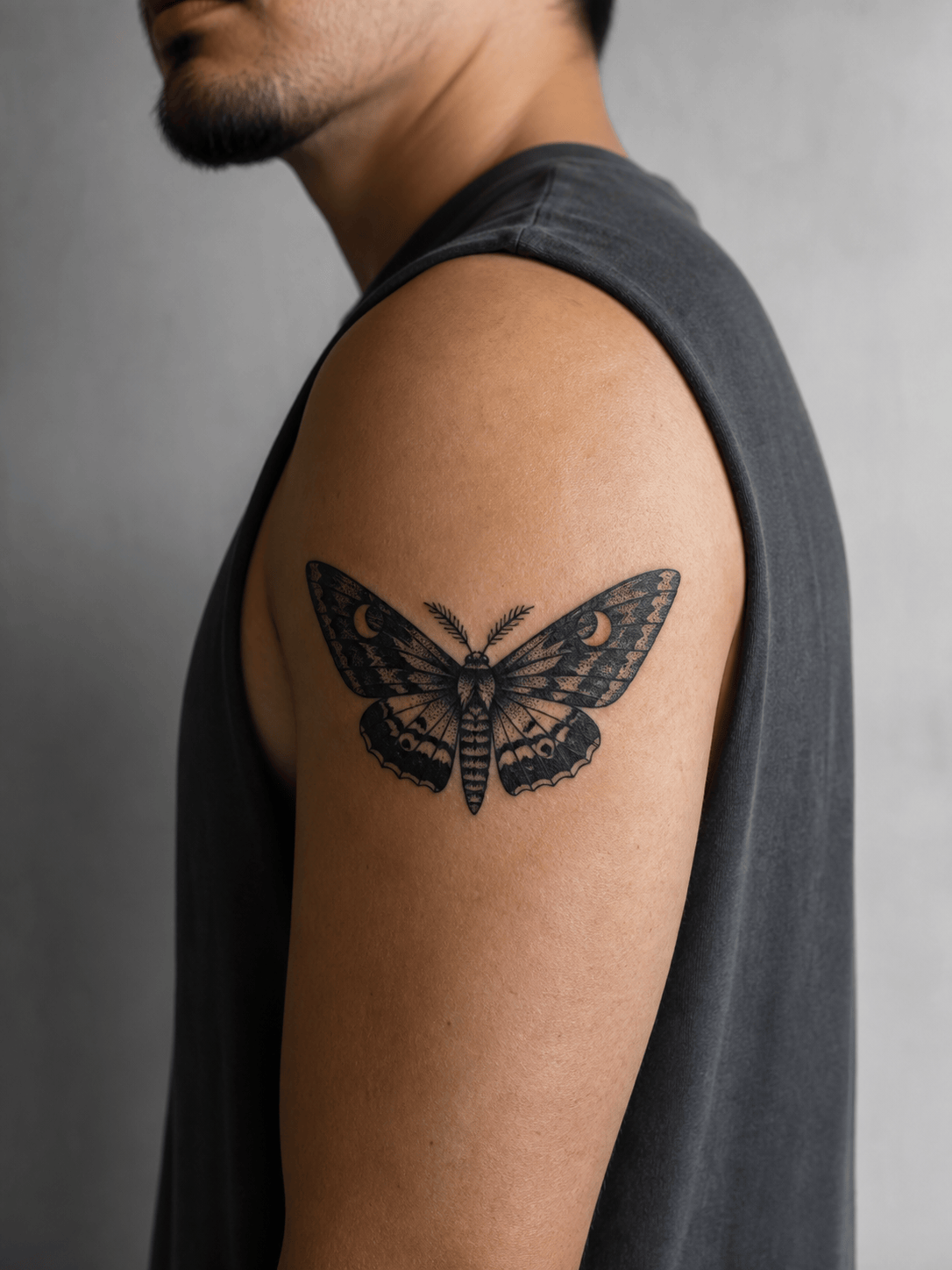 blackwork tattoo simulator preview on an upper arm