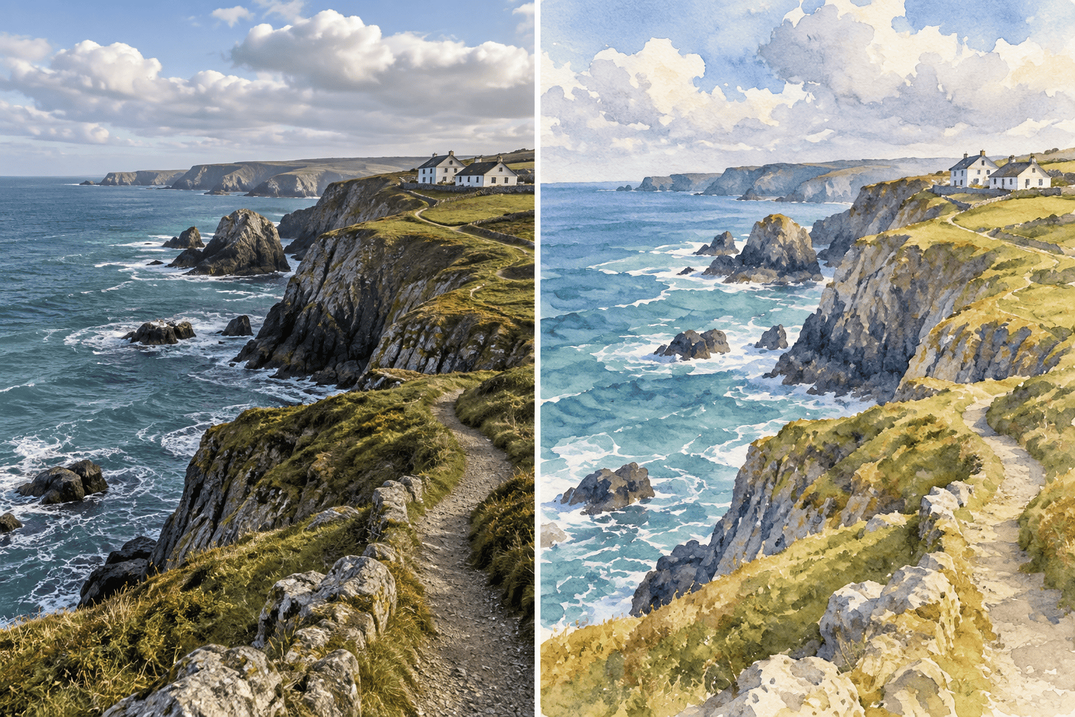 Landscape photo to watercolor painting