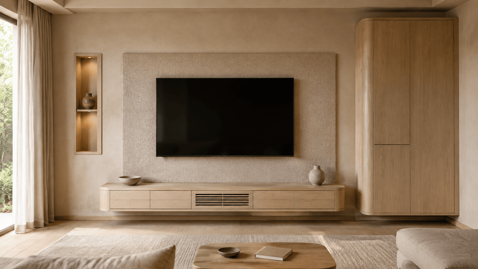 Japandi media wall with hidden storage