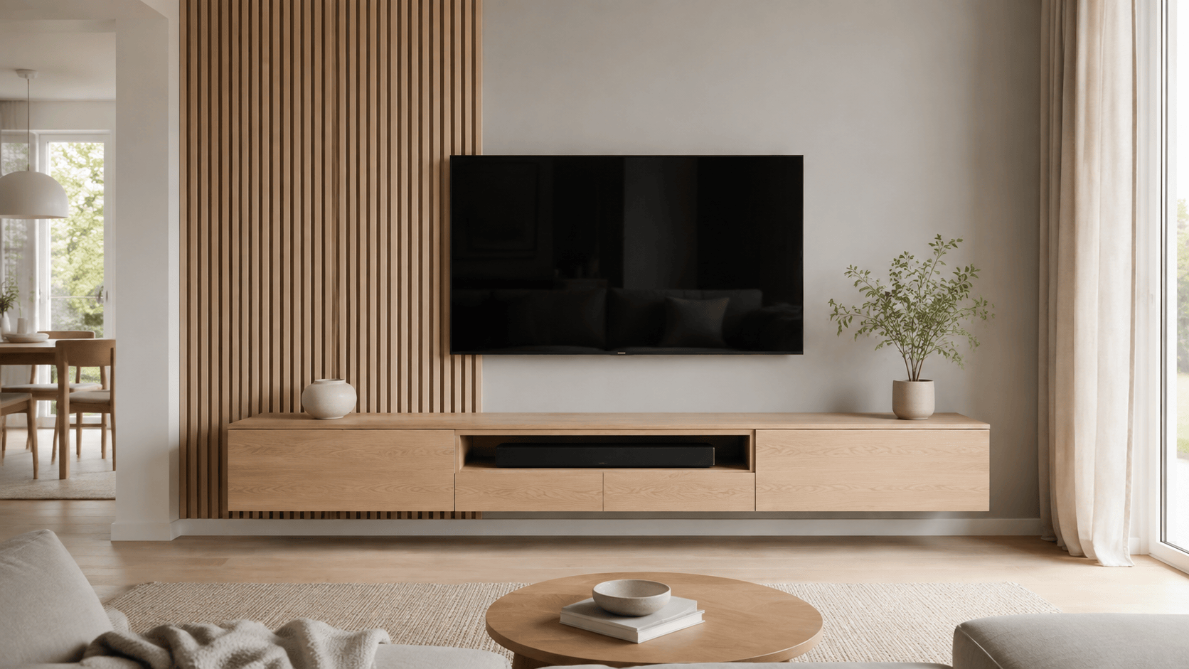 AI TV stand background with oak slats