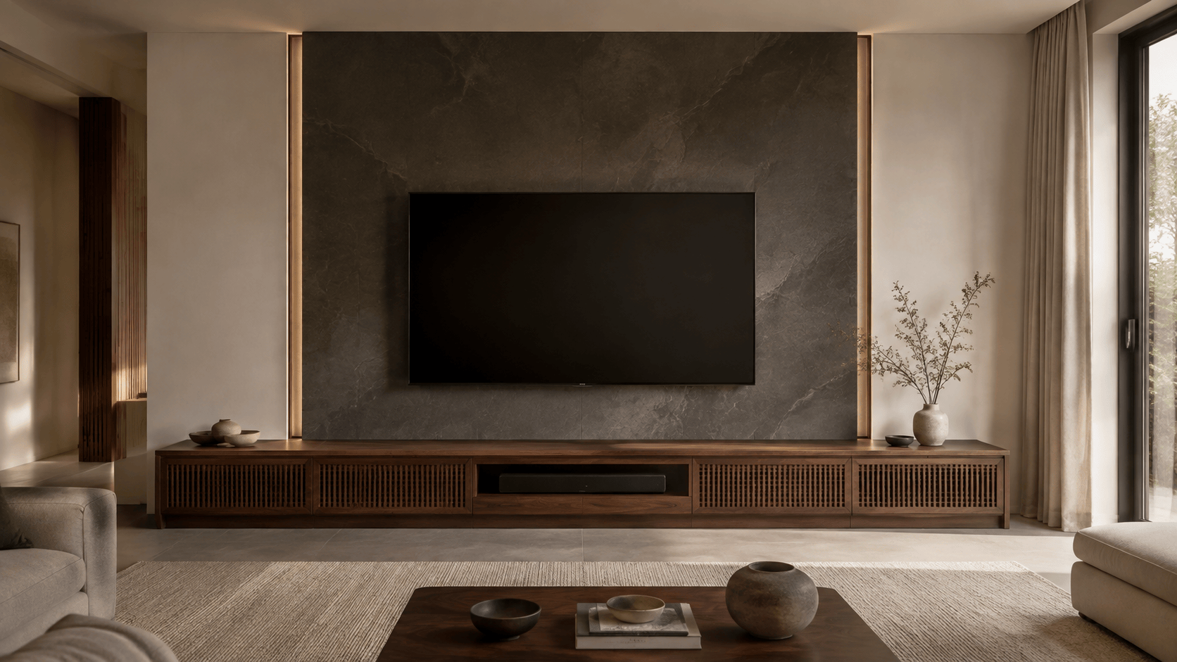 Luxury stone TV wall and walnut console