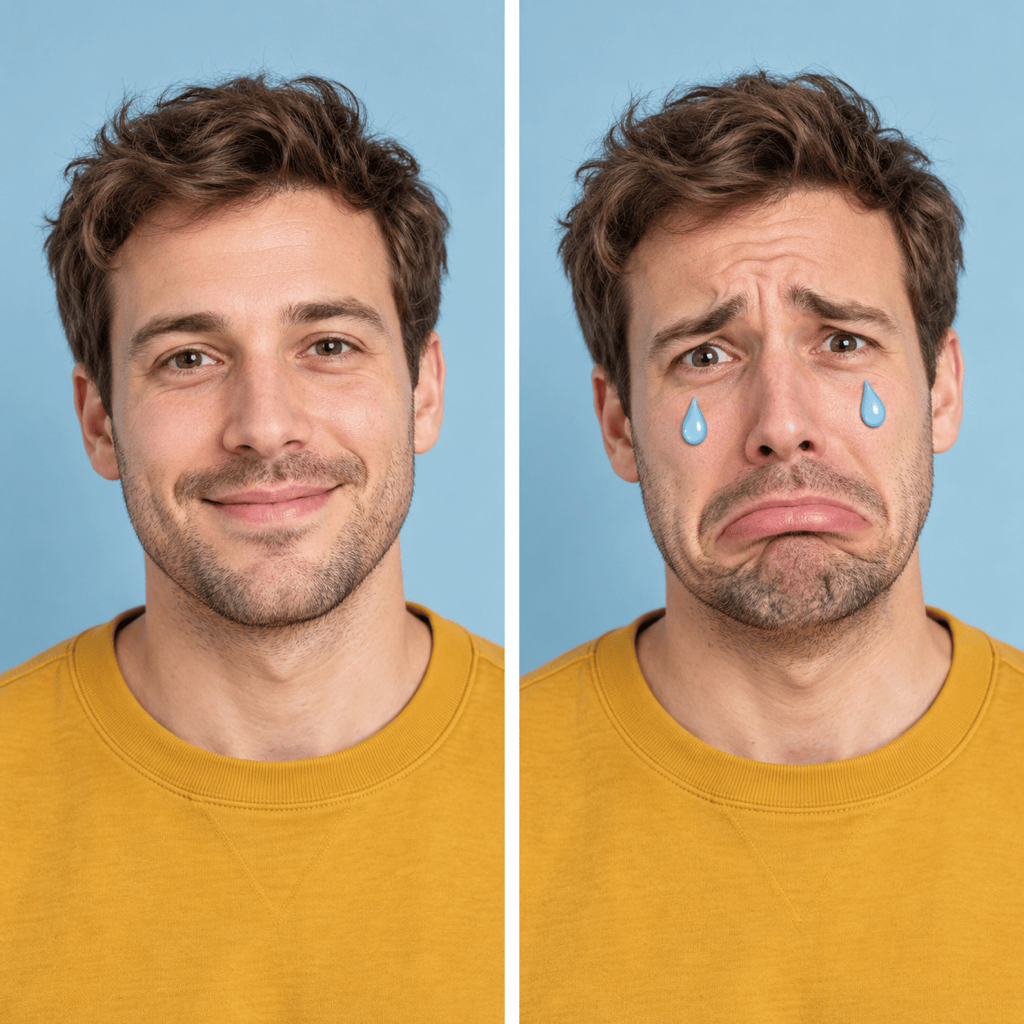 Funny crying face before and after