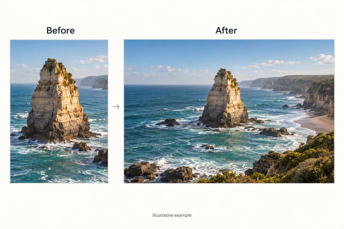 AI-expanded coastal landscape comparison