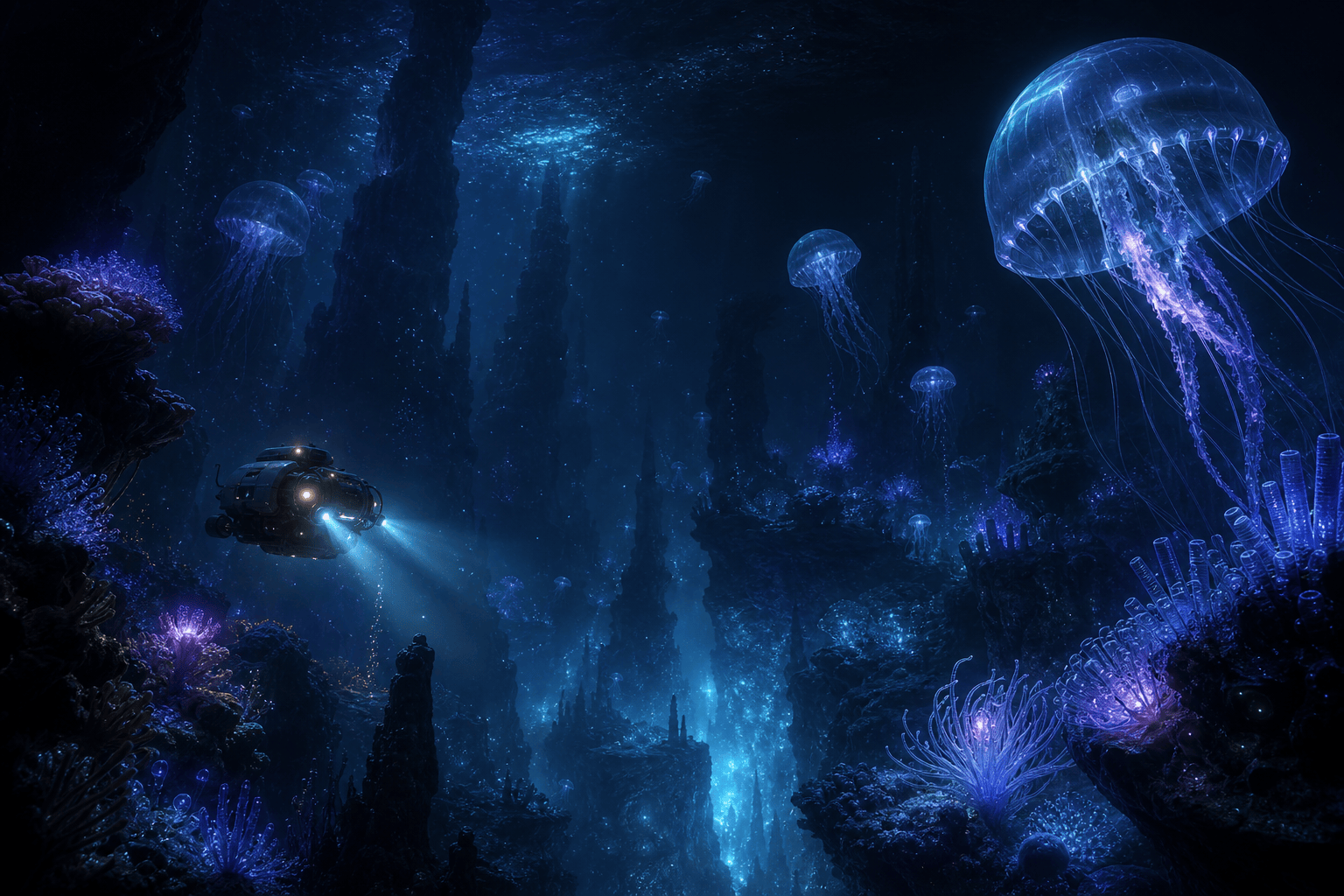 AI bioluminescent deep-sea world