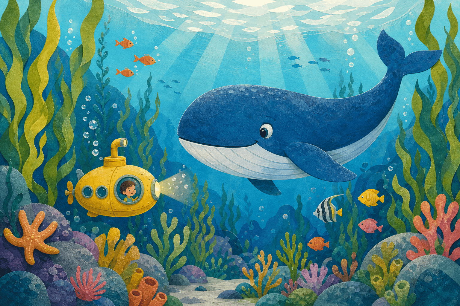 AI illustrated whale underwater world