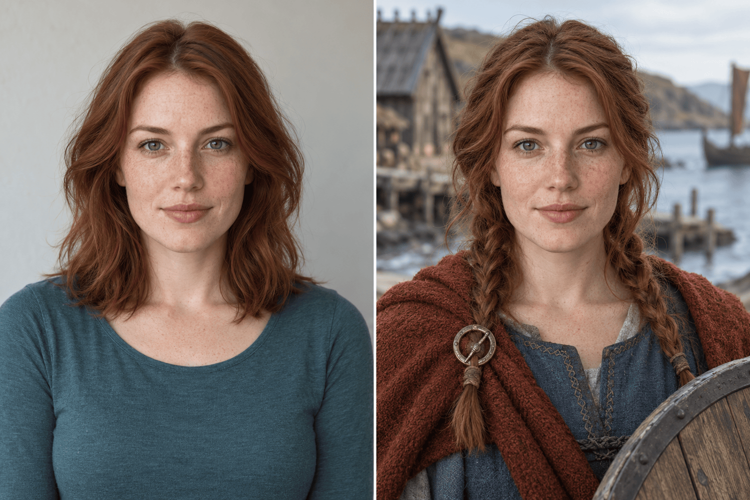 Female Viking portrait before and after