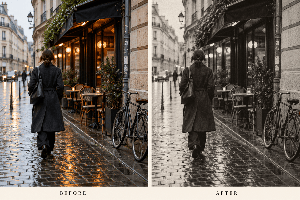 Vintage monochrome street photo comparison