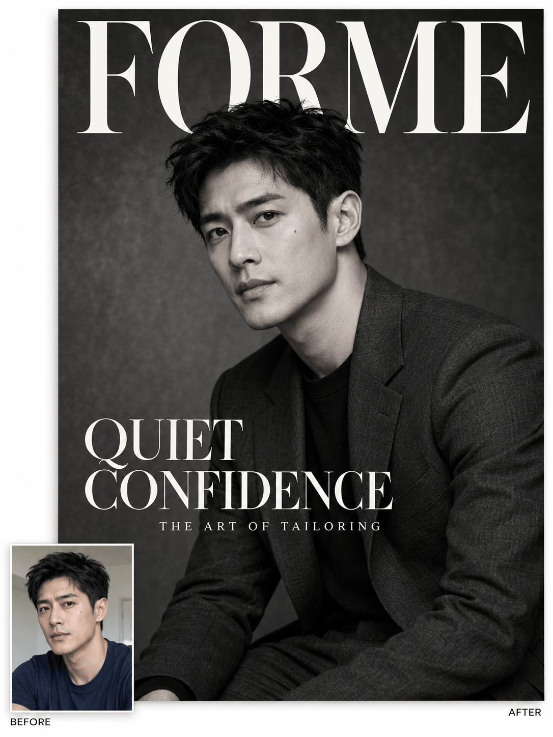 Monochrome magazine cover before and after