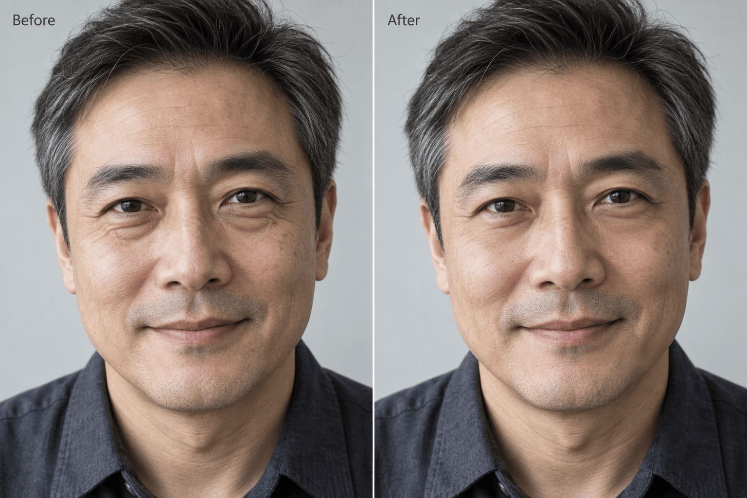 Illustrated under-eye wrinkle retouching comparison
