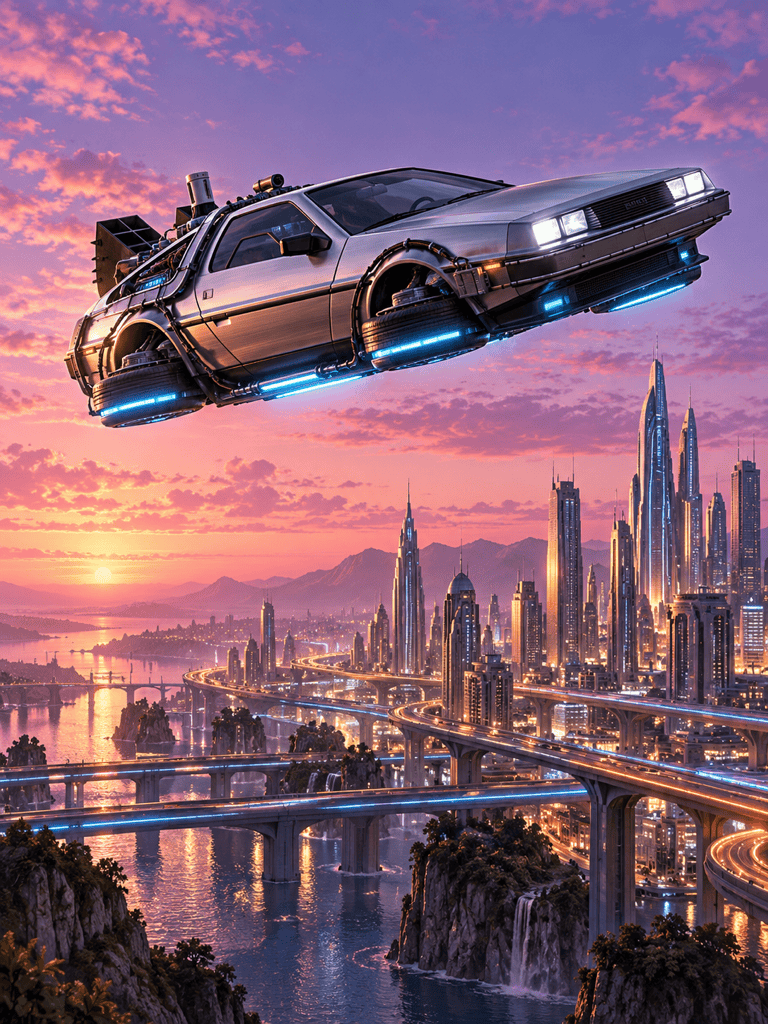 Flying DeLorean AI artwork