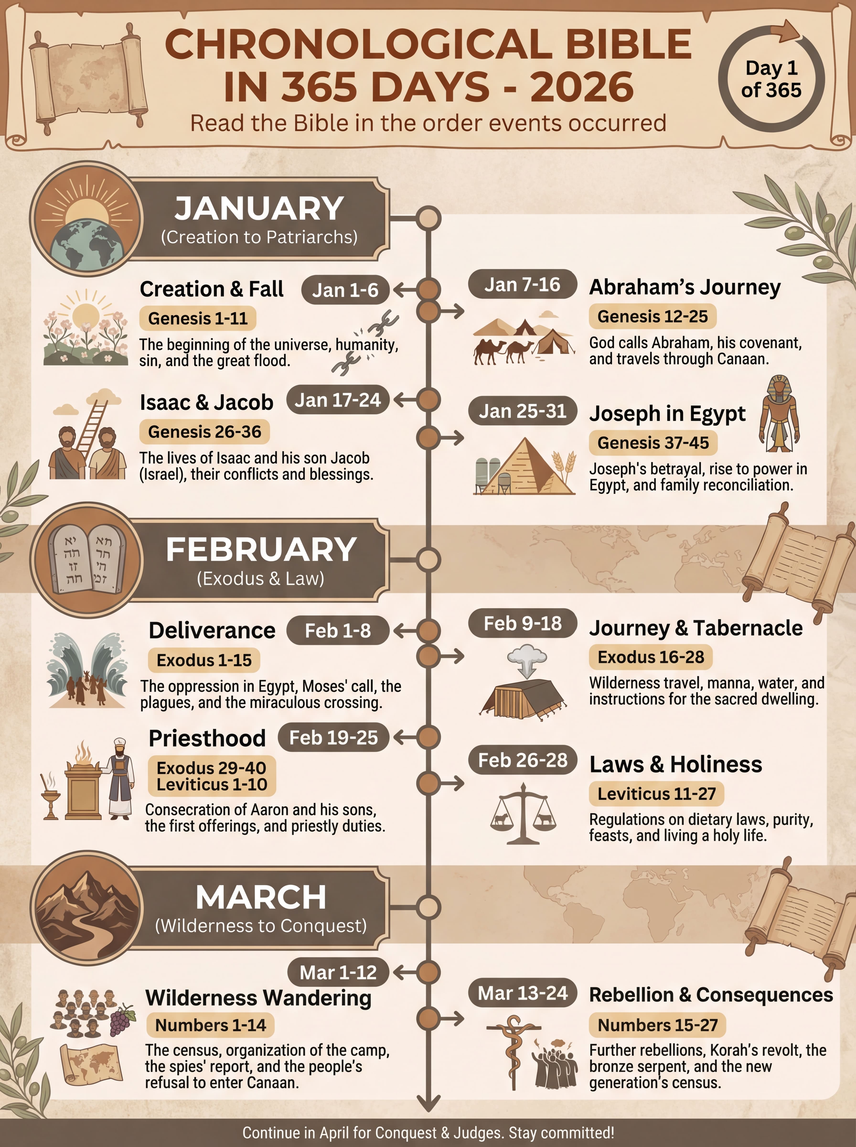 infographic style bible reading plan titled chronological bible in 365 days 2026