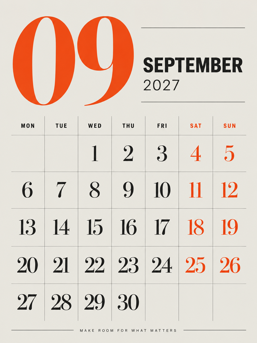 2027 minimalist monthly calendar