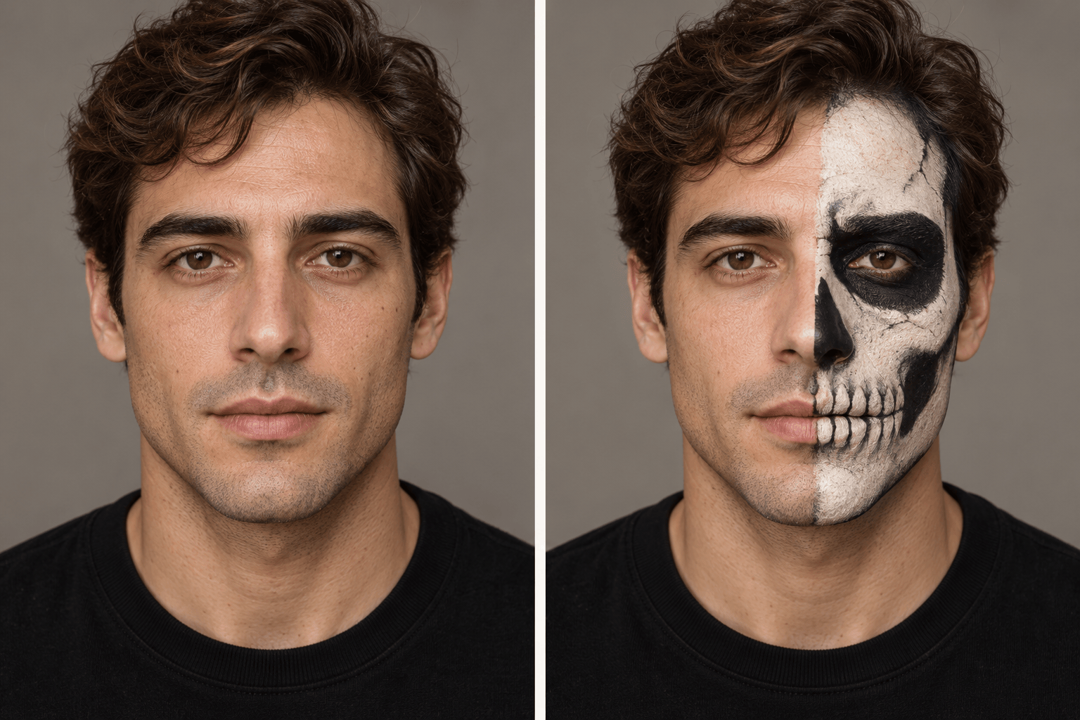 AI half-skull makeup before and after