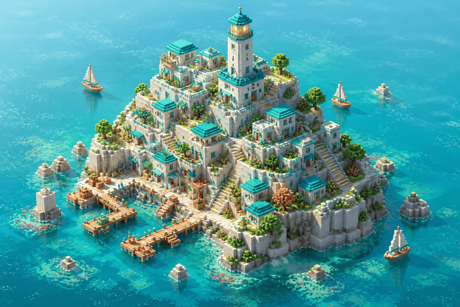 AI Minecraft art generator isometric coastal village example