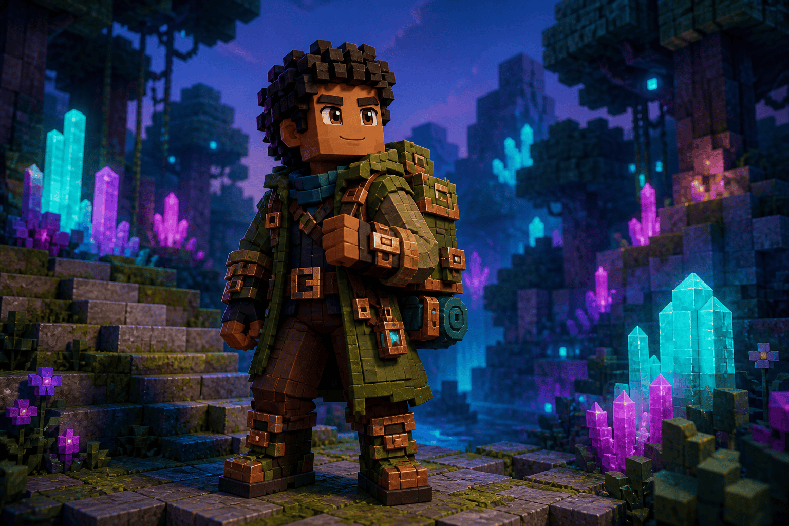 Minecraft-inspired blocky explorer character concept