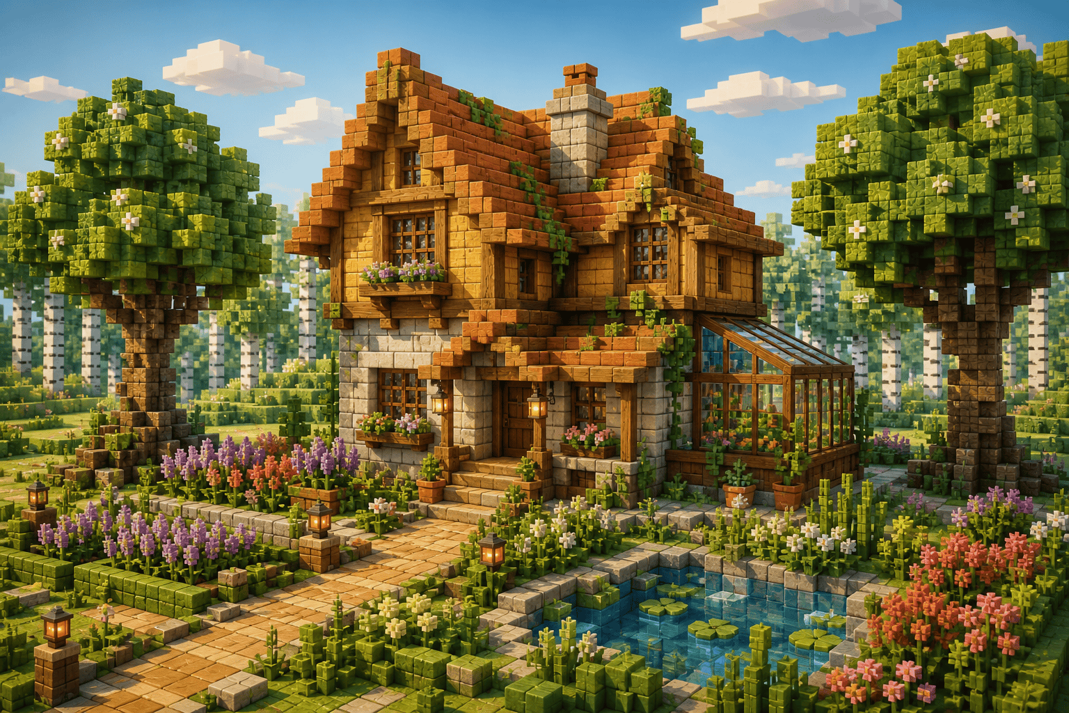 Minecraft image generator cottage and garden build concept