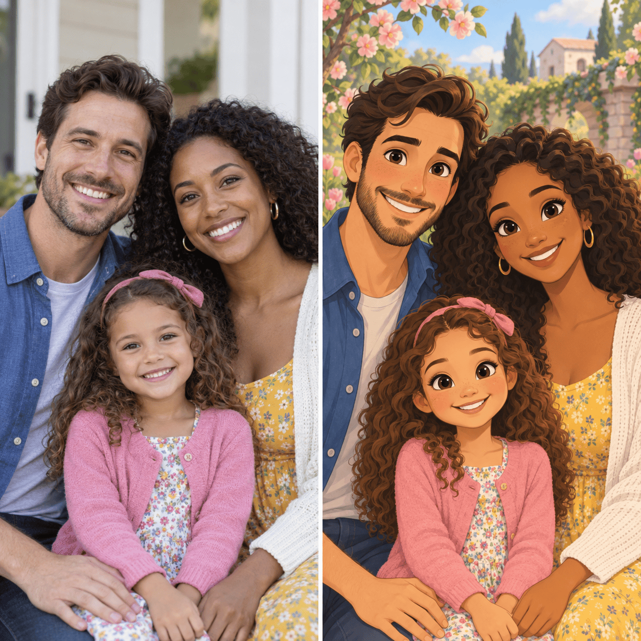 Family photo to fairy-tale characters comparison