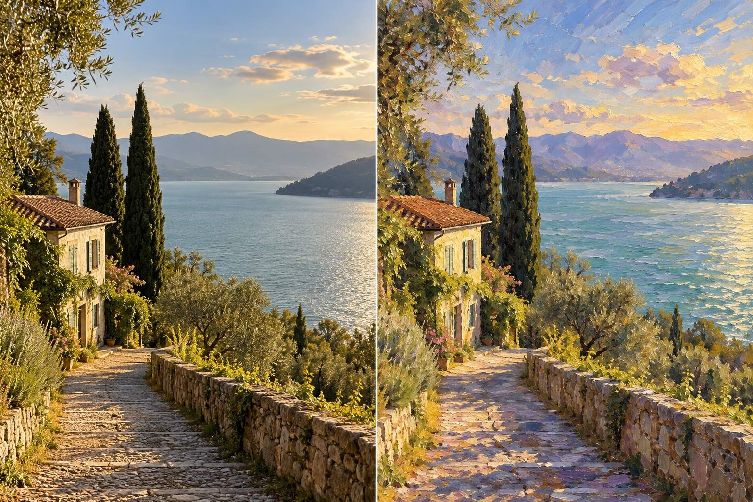 Landscape photo to oil painting comparison