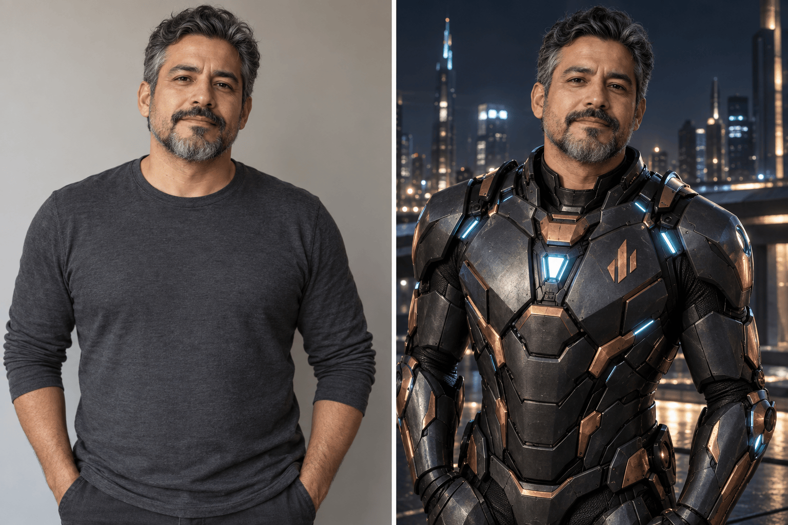Futuristic superhero avatar before and after
