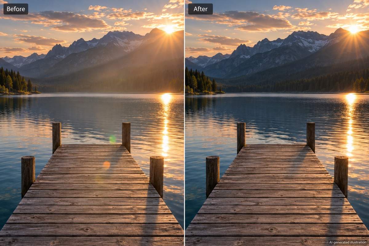 Lens flare removal in lake landscape