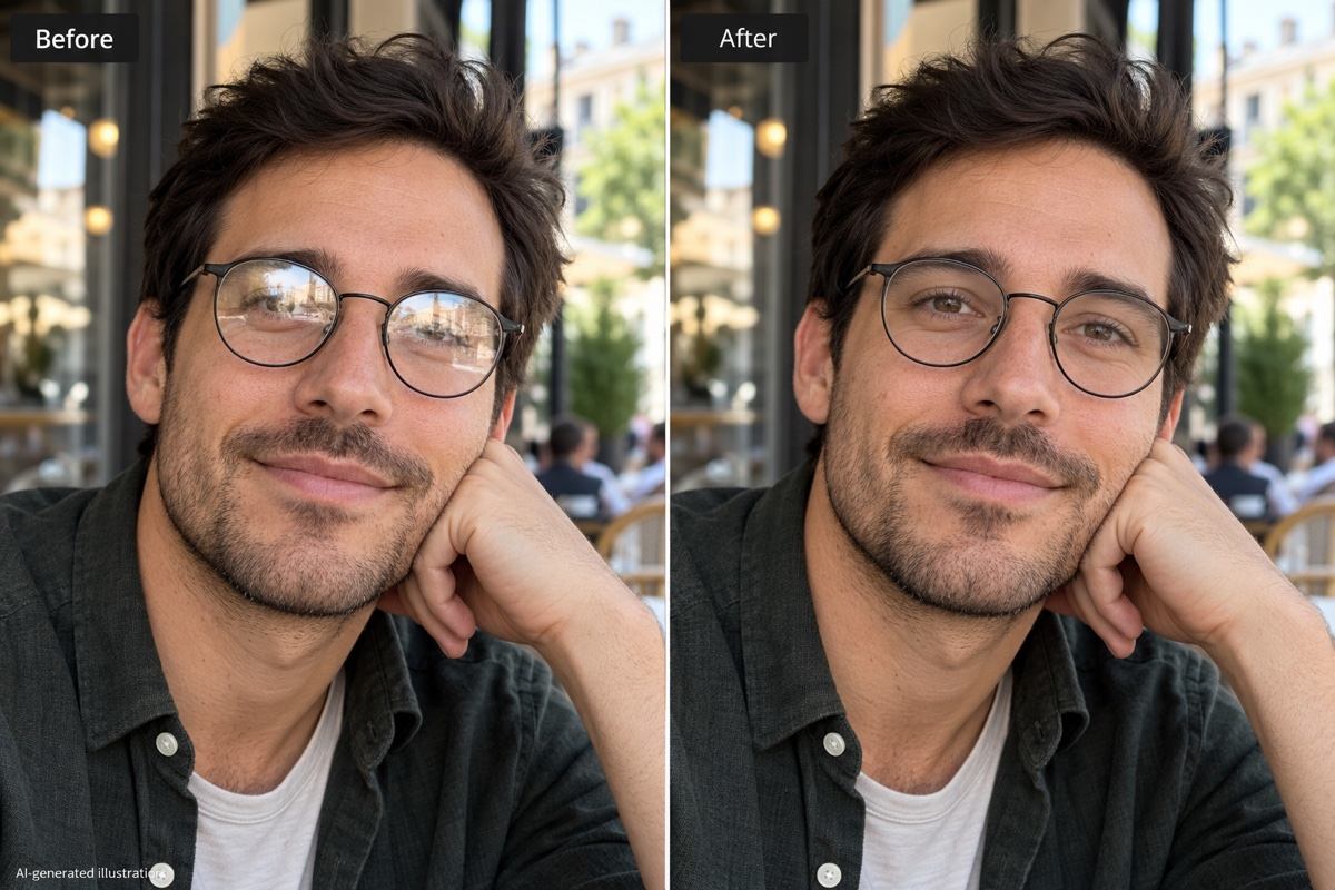 Glasses glare reduction before and after