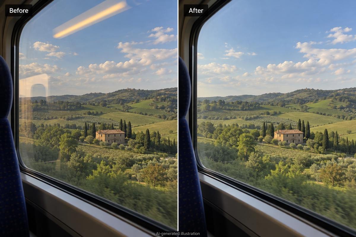 Window reflection reduction in travel photo