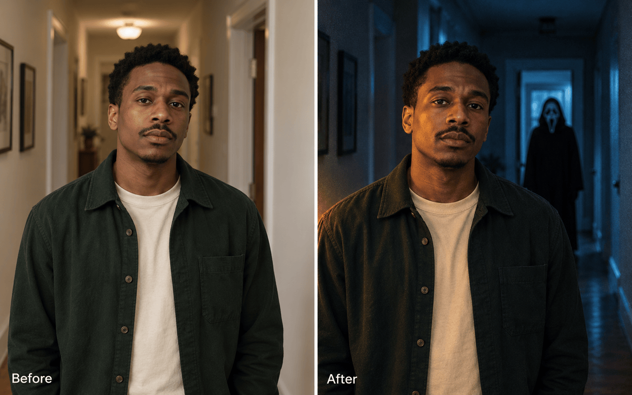 Hallway Ghostface photo before and after