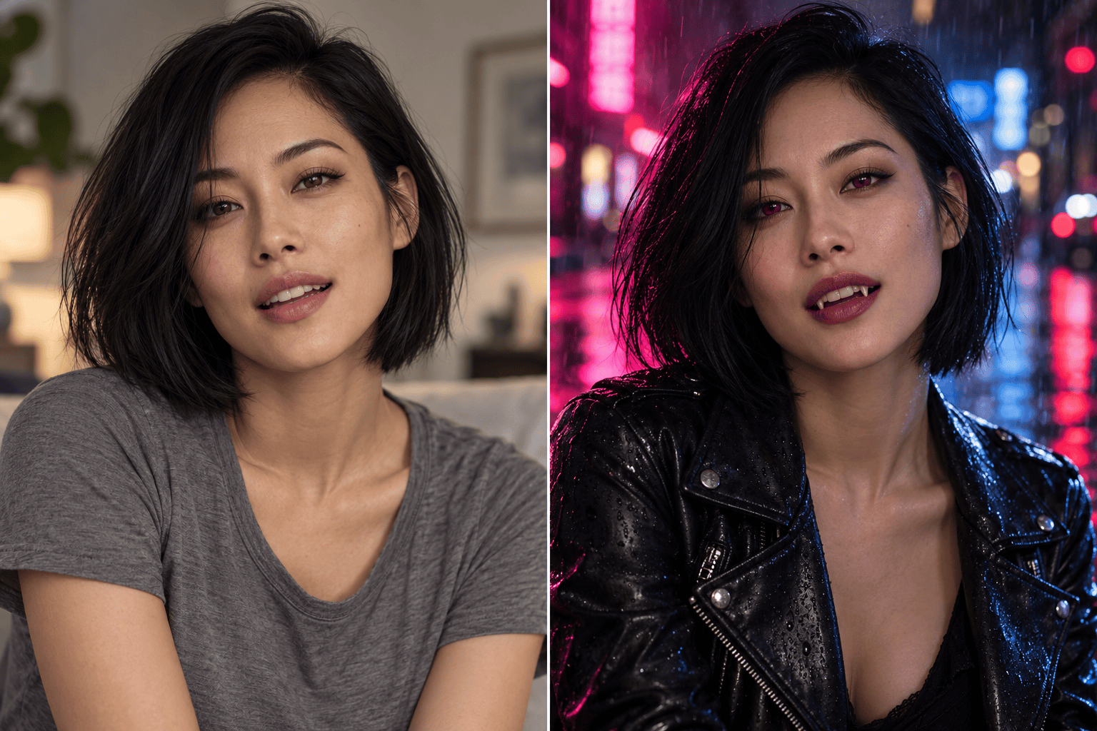 Modern vampire selfie before and after