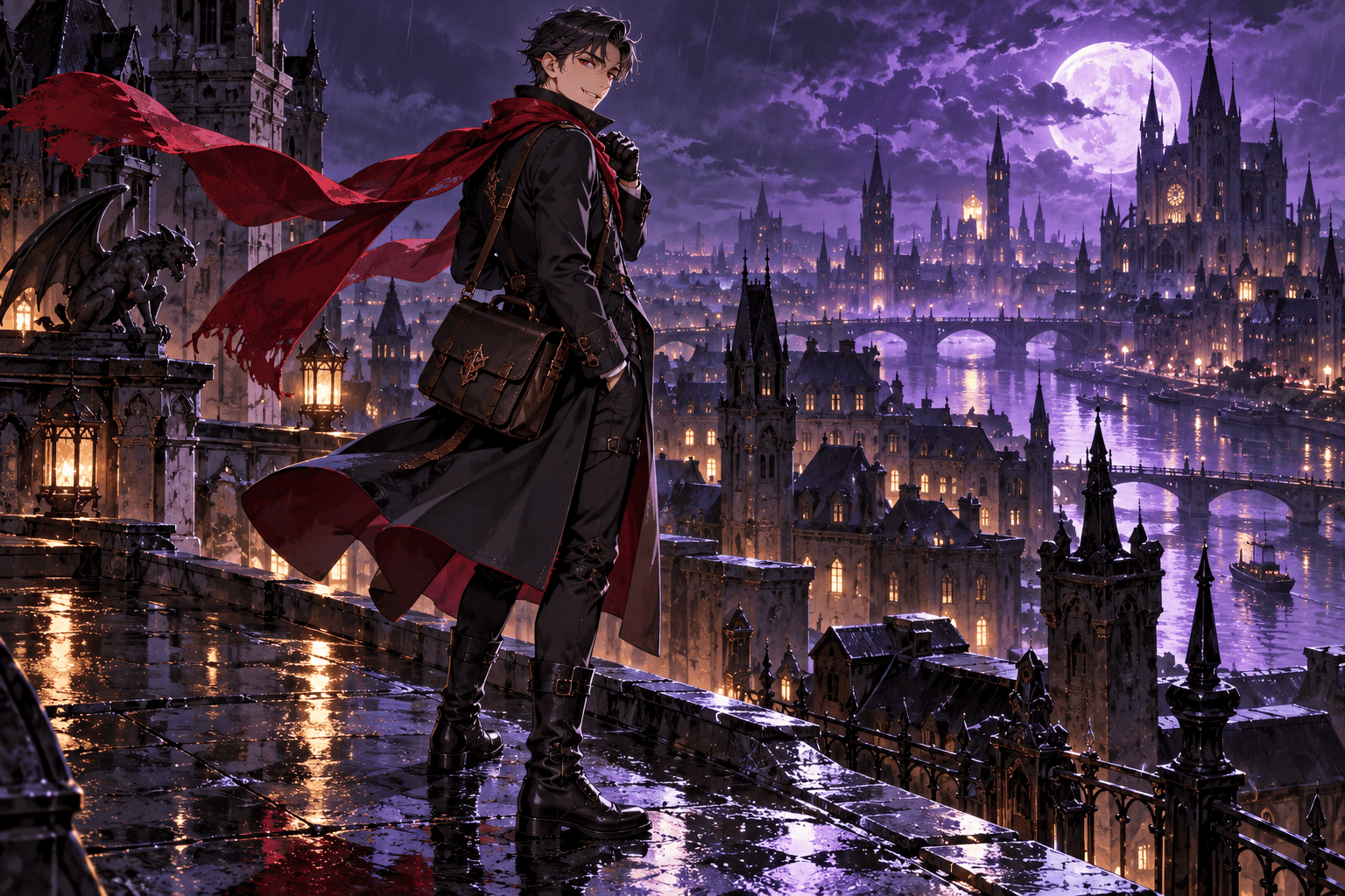 Anime vampire courier on a rooftop
