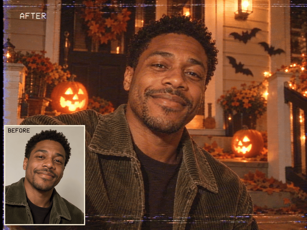 Cozy VHS Halloween portrait transformation
