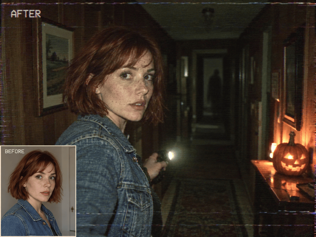 Found-footage Halloween portrait transformation