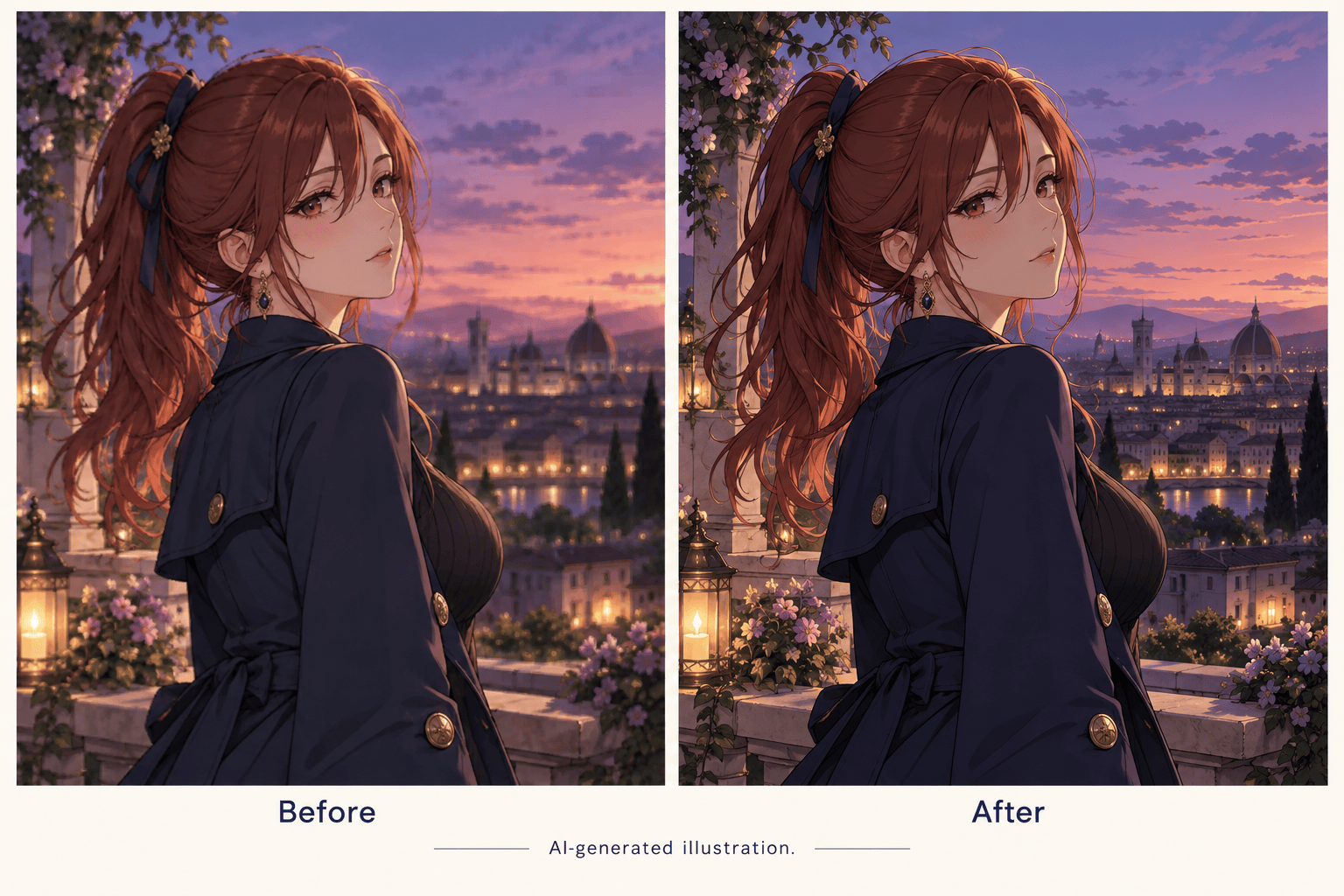 Anime wallpaper enhancement comparison illustration