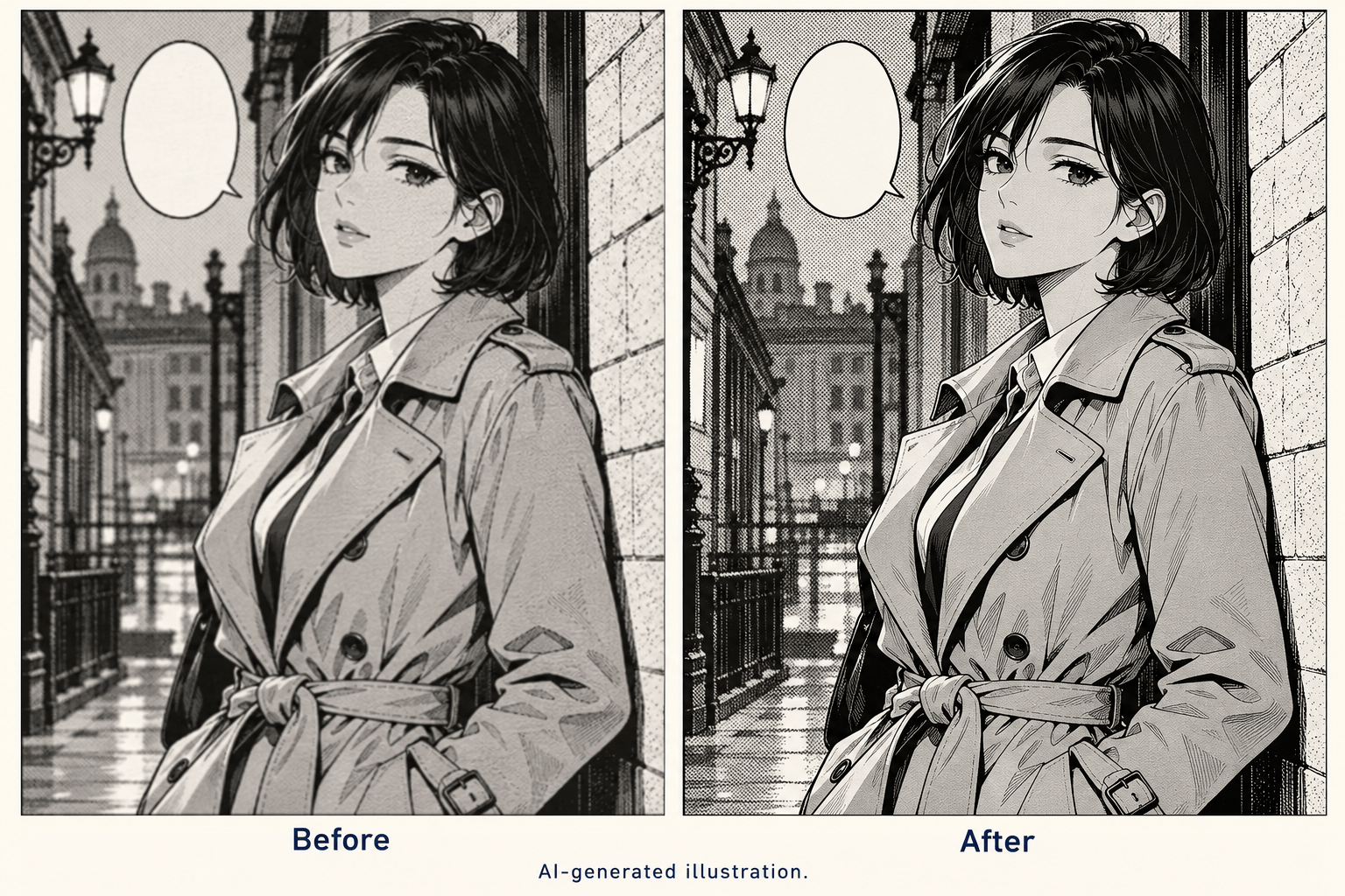 Manga line art enhancement comparison illustration